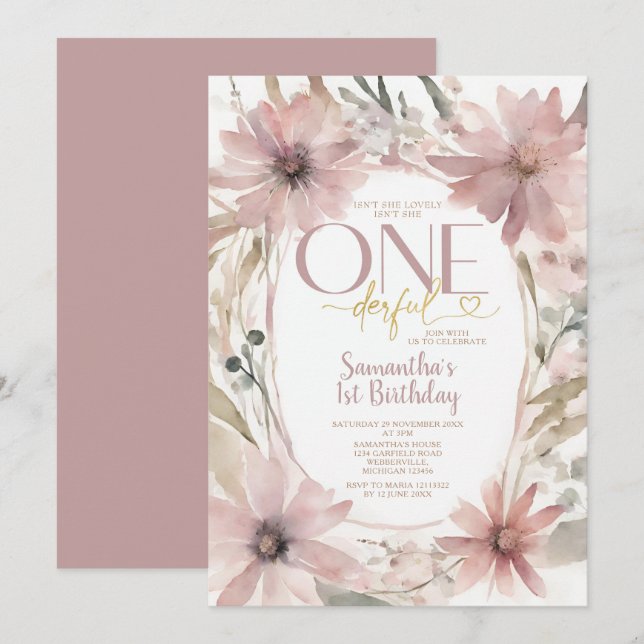 Dusty Pink Flowers Isn't She Onederful Birthday Invitation (Front/Back)