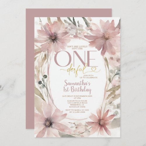Dusty Pink Flowers Isnt She Onederful Birthday Invitation