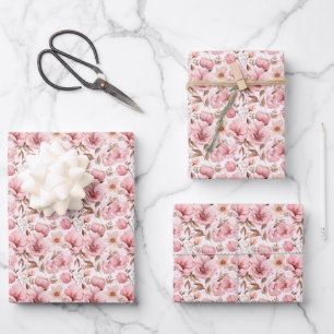 Dusty Pink Flowers on White Wrapping Paper Sheets