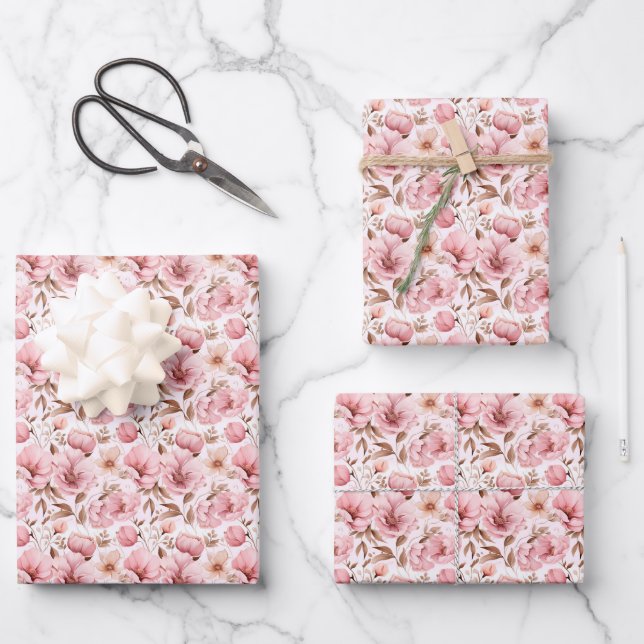 Dusty Pink Flowers on White Wrapping Paper Sheets (Front)