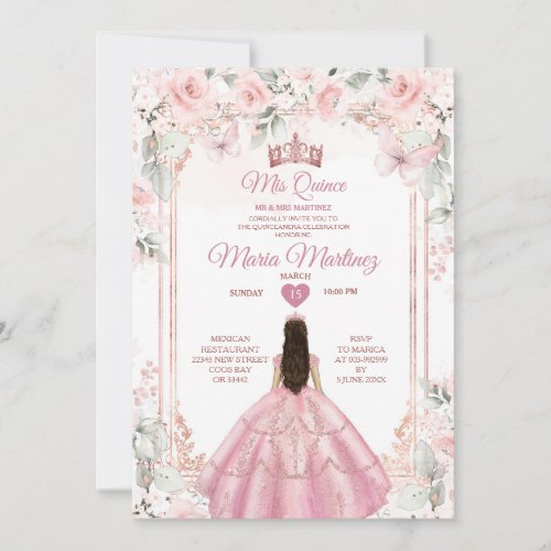 Dusty Pink Flowers  Rose Gold Crown Mis Quince Invitation