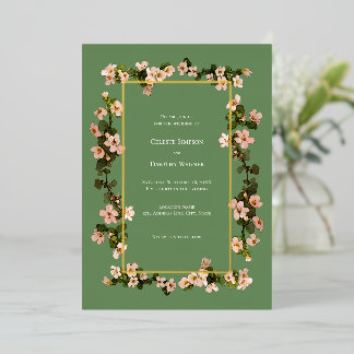 Dusty Pink Flowers - Sage - Foil Frame Wedding Invitation