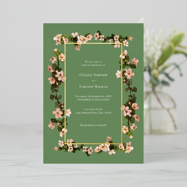 Dusty Pink Flowers - Sage - Foil Frame Wedding Invitation (Standing Front)