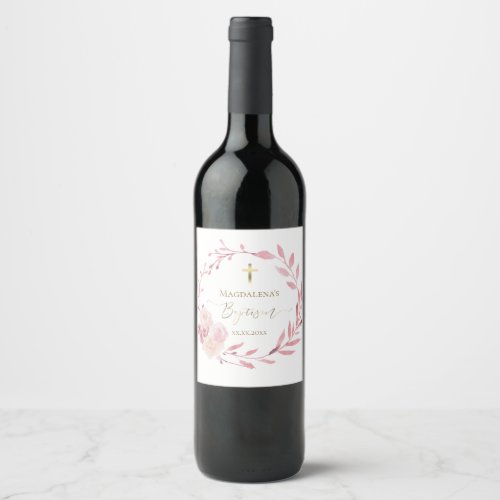 dusty pink flowers wreath Baptism Wine Label