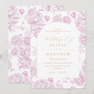 Dusty Pink French Toile Peony Wedding Invitation