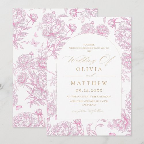 Dusty Pink French Toile Peony Wedding  Invitation