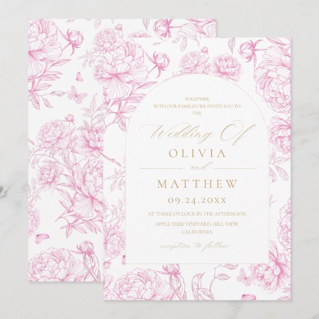 Dusty Pink French Toile Peony Wedding  Invitation (Front/Back)