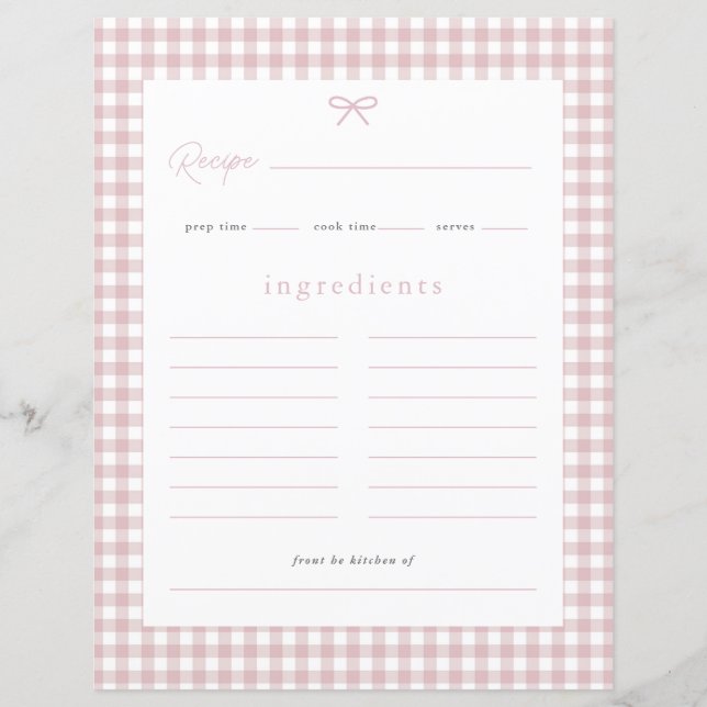 Dusty Pink Gingham Baby Shower Recipe Card (Front)