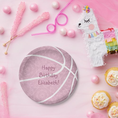 dusty pink girly basketball birthday_team party paper plates