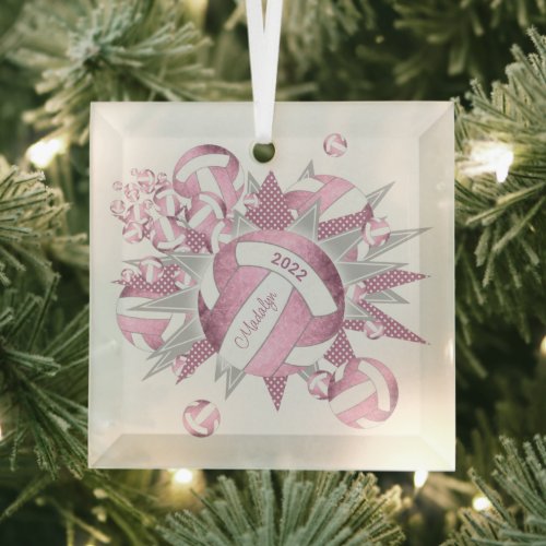 dusty pink girly volleyballs and stars glass ornament