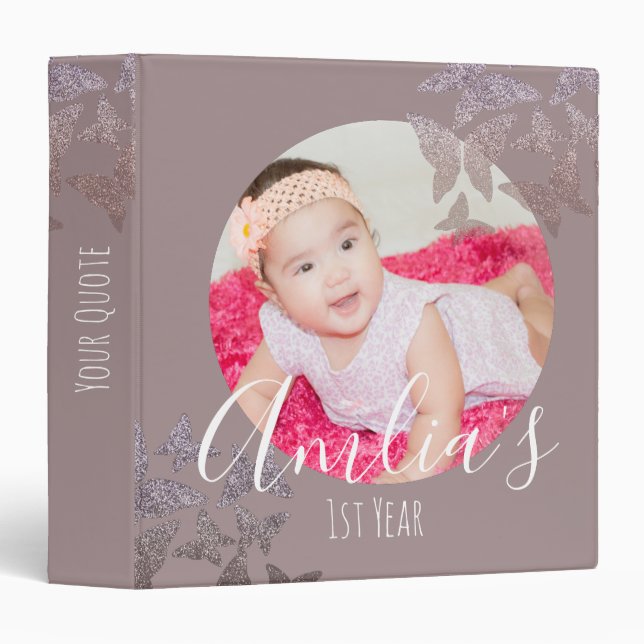 Dusty Pink Glitter Butterflies Babys 1st Photo 3 Ring Binder (Front/Spine)