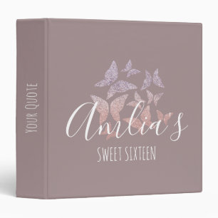 Dusty Pink Glitter Butterflies Sweet 16 Photo 3 Ring Binder