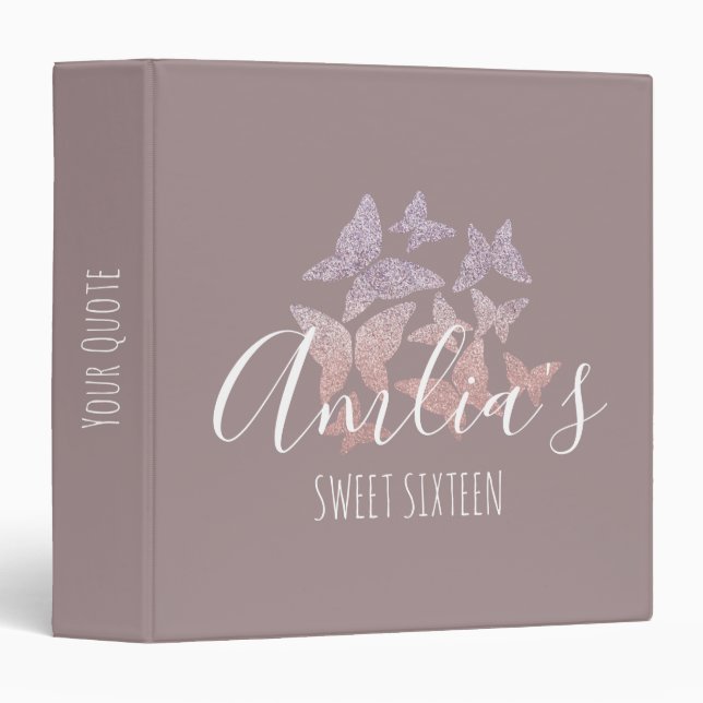 Dusty Pink Glitter Butterflies Sweet 16 Photo 3 Ring Binder (Front/Spine)