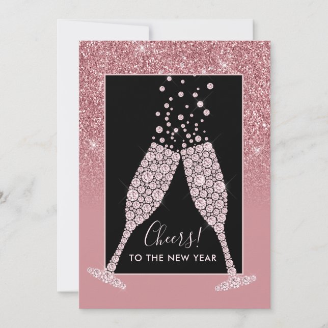  Dusty Pink Glitter Champagne Toast New Year Card (Front)