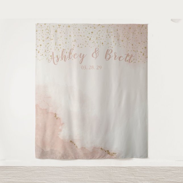 Dusty Pink Glitter Gold Wedding Photo Backdrop (Front)