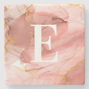 Dusty Pink Gold Agate Alcohol Ink Monogrammed Key Stone Coaster