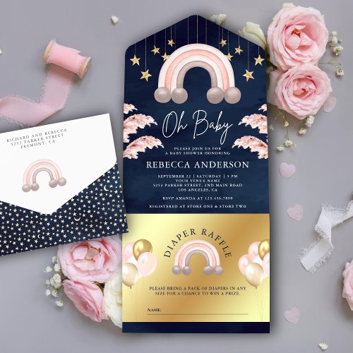 Dusty Pink Gold Boho Rainbow Navy Blue Baby Shower All In One Invitation