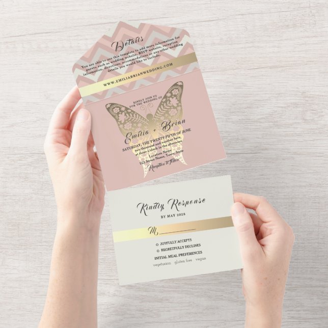 Dusty Pink Gold Butterfly Wedding Invite (Tearaway)