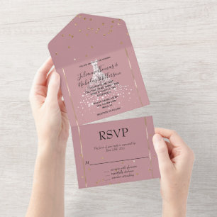 Dusty Pink Gold Confetti Diamonds Dress Wedding All In One Invitation