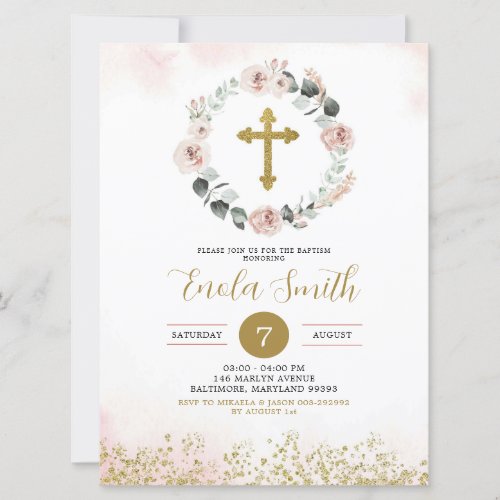 Dusty Pink Gold Cross Girl Baptism Invitation