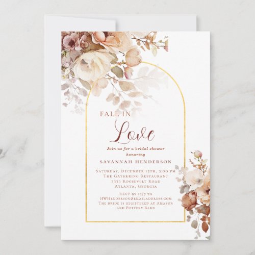Dusty Pink Gold Fall In Love Floral Bridal Shower Invitation