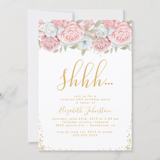 Dusty Pink Gold Floral Surprise Birthday Party Invitation (Front)
