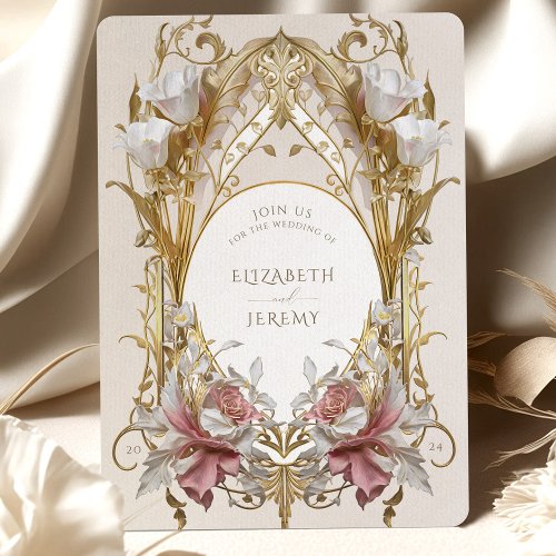 Dusty Pink  Gold Floral Wedding Invitation