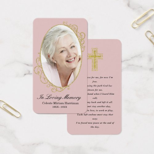 Dusty Pink Gold Photo Sympathy Funeral Prayer Card