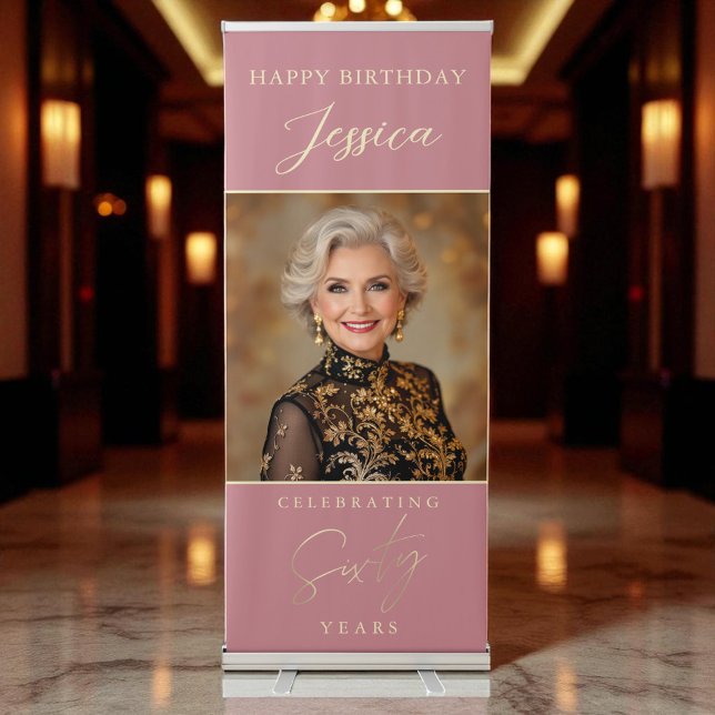 Dusty Pink Gold Script Photo 60th Birthday Retractable Banner (Creator Uploaded)