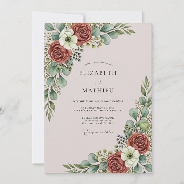 Dusty Pink Graceful Botanical Wedding Invitation (Front)
