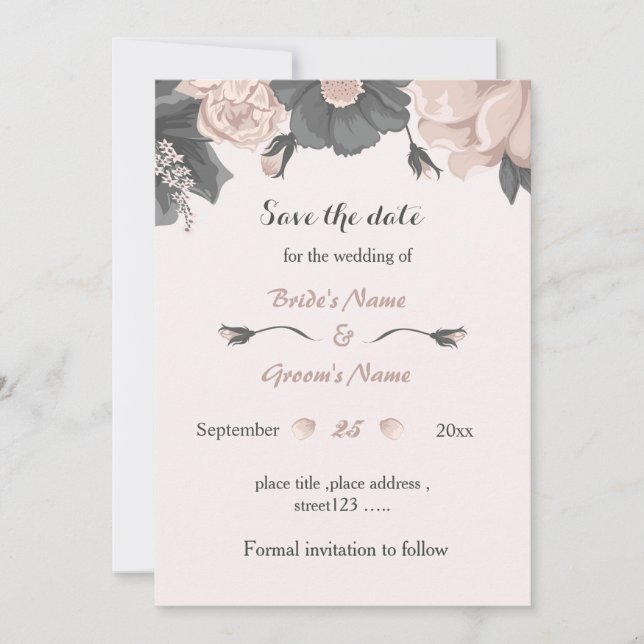 dusty pink gray flowers amazing save the date invitation (Front)
