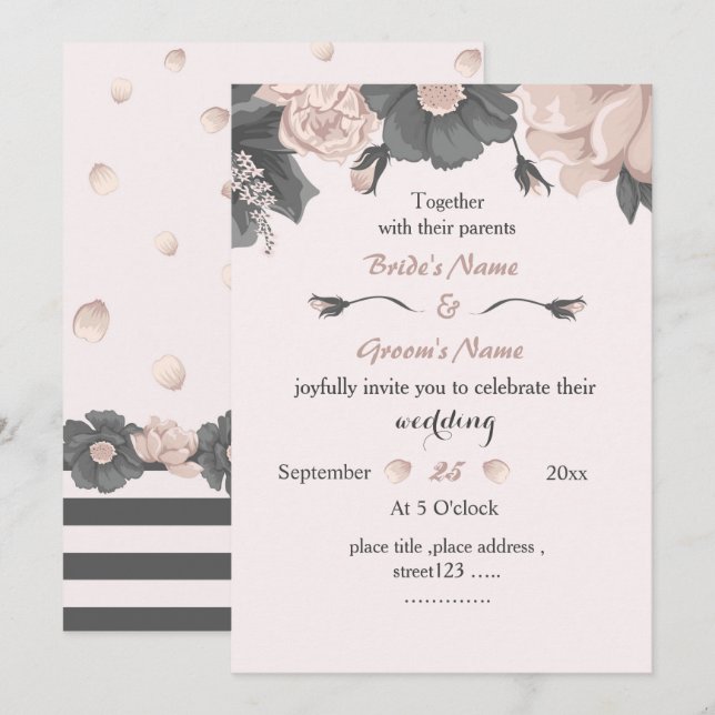 dusty pink gray flowers amazing wedding invitation (Front/Back)