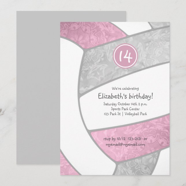 dusty pink gray girly sport volleyball celebration invitation (Front/Back)