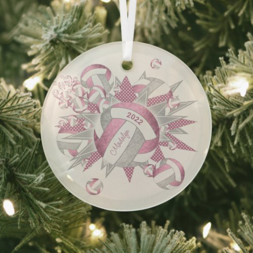 dusty pink gray girly volleyballs and stars glass ornament