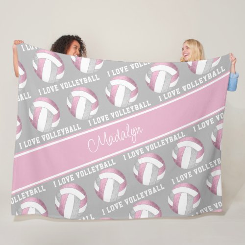 dusty pink gray I love volleyball sports pattern Fleece Blanket