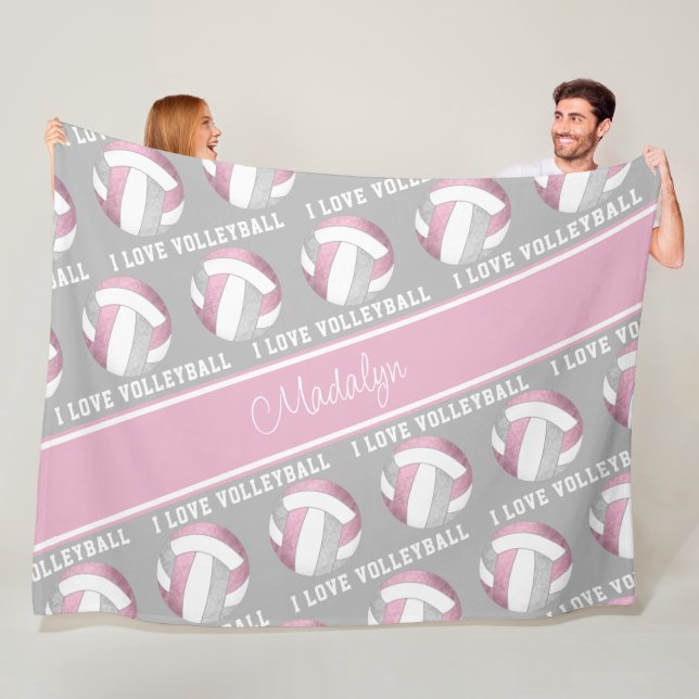 dusty pink gray I love volleyball sports pattern Fleece Blanket (In Situ)