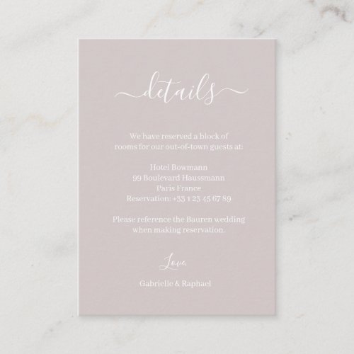 Dusty Pink Gray Minimalist Wedding Hotel Detail Enclosure Card