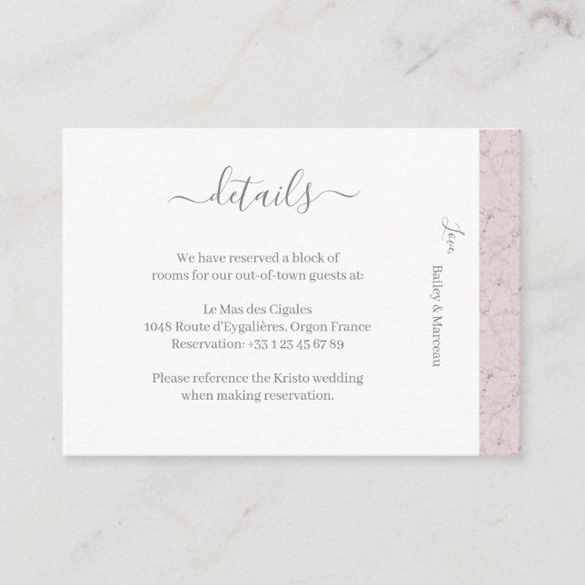 Dusty Pink Gray White Marble Wedding Hotel Detail Enclosure Card (Front)