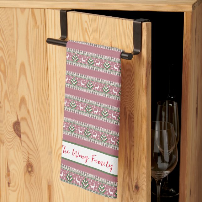 Dusty Pink Green and White Fair Isle Christmas Kitchen Towel (Thirds Fold)