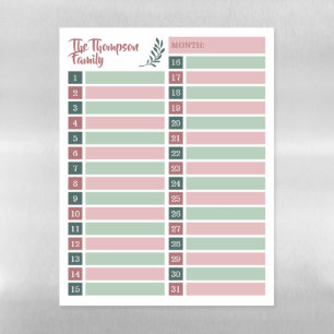 Dusty Pink Green Days of the Month Family Planner Magnetic Dry Erase Sheet