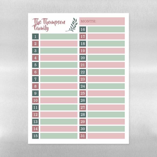 Dusty Pink Green Days of the Month Family Planner Magnetic Dry Erase Sheet (Vertical)