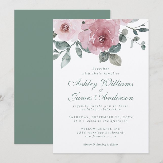 Dusty Pink Green Floral Elegant Script Wedding Invitation (Front/Back)
