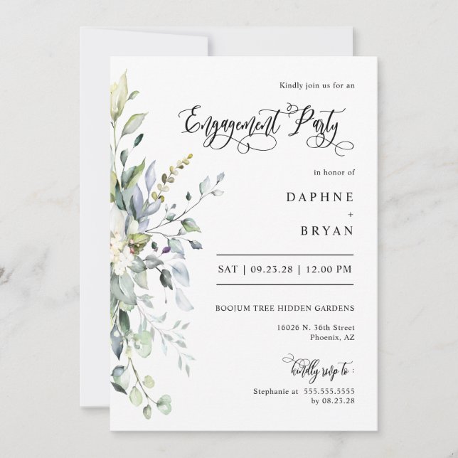 Dusty Pink Green Leaves Engagement Party QR Code  Invitation (Front)