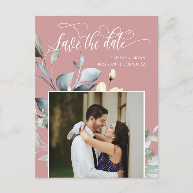 Dusty Pink Green Leaves QR Code Save the Date Announcement Postcard (Front)