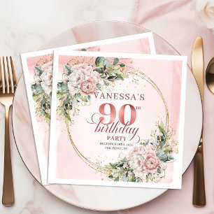 Dusty Pink Greenery Floral 90th Birthday Party   Napkins