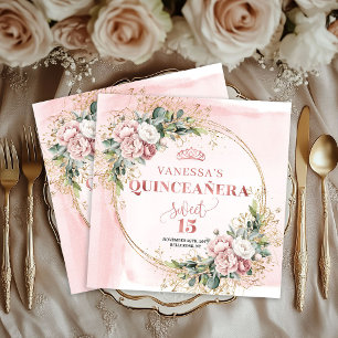 Dusty Pink Greenery Floral Sweet 15 Celebration  Napkins