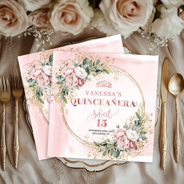 Dusty Pink Greenery Floral Sweet 15 Celebration  Napkins (Dusty Pink Greenery Floral Sweet 15 Celebration Napkin)