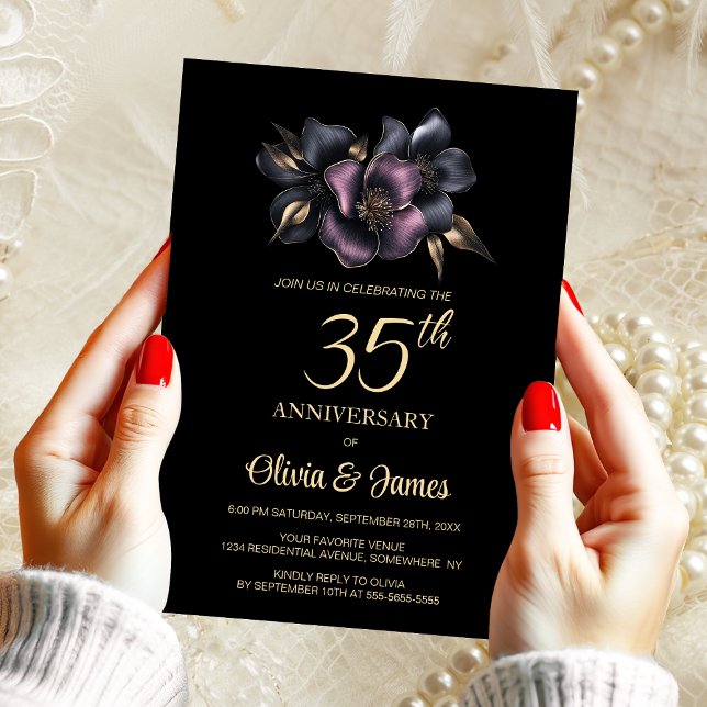 Dusty Pink Grey Floral 35th Wedding Anniversary Invitation (Creator Uploaded)