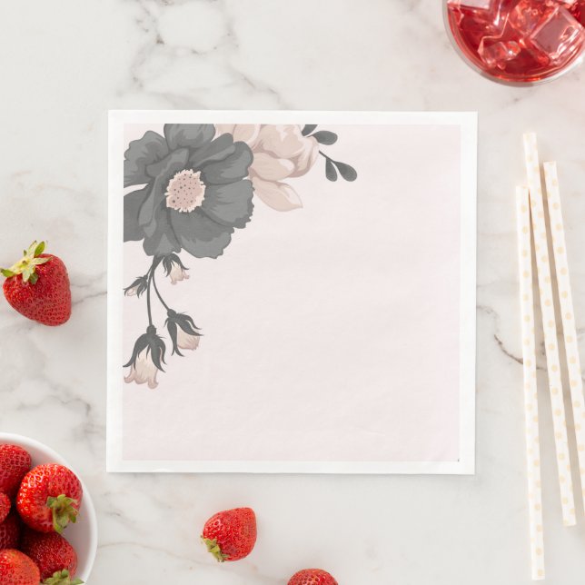dusty pink grey flowers with cute buds wedding paper dinner napkins (Insitu)