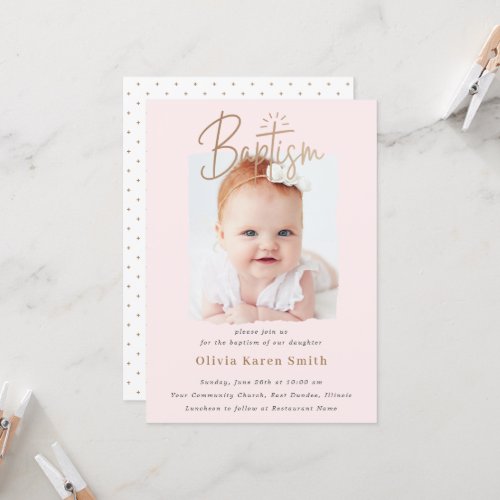 Dusty Pink Handwritten Pastel Script Baptism Photo Invitation